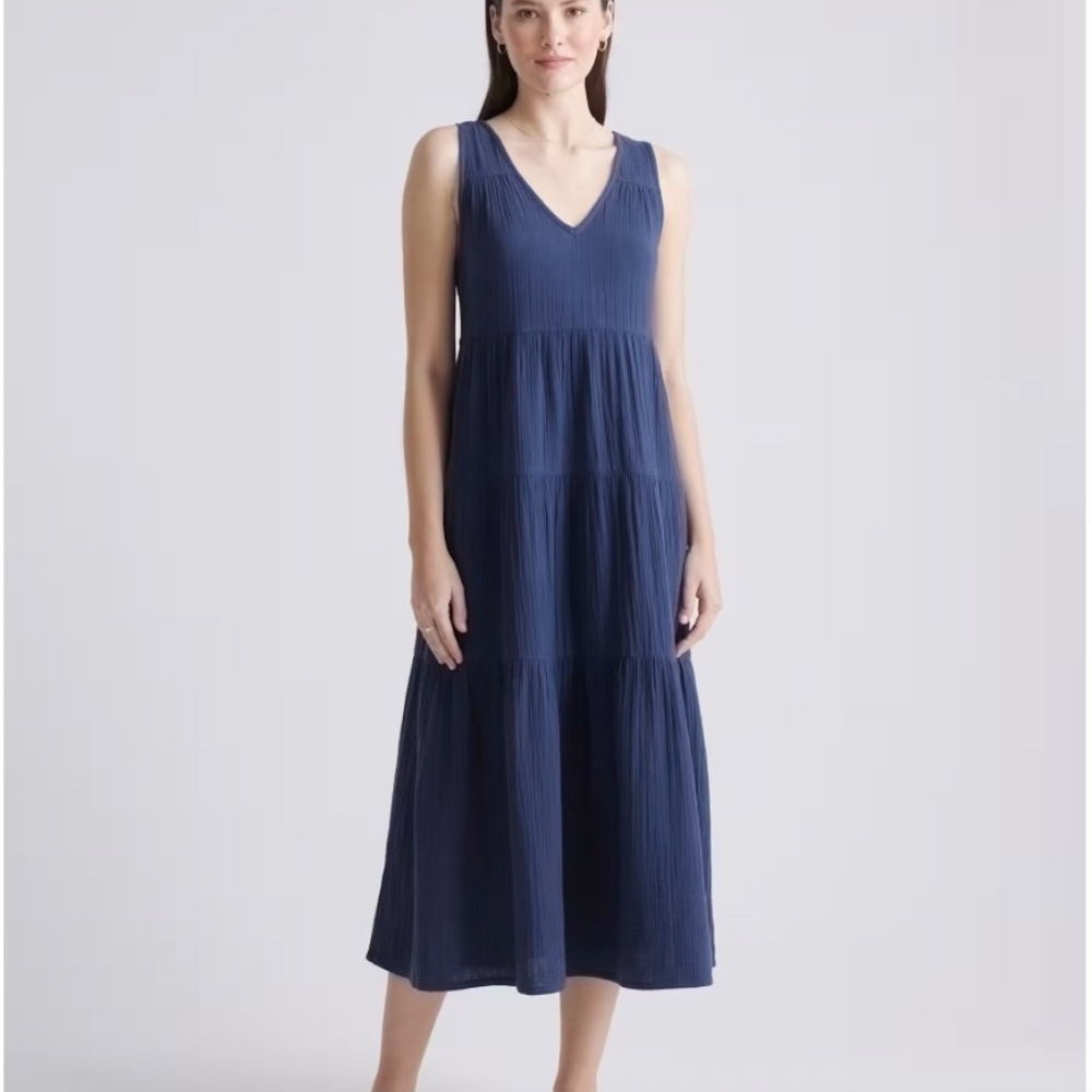Quince Indigo cotton gauze tiered maxi dress